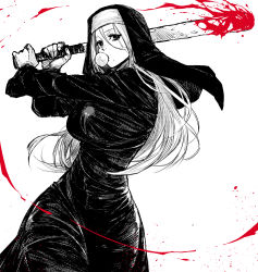 Rule 34 | 1girl, absurdres, baseball bat, blood, bloody weapon, breasts, blowing bubbles, chewing gum, copyright request, cowboy shot, habit, highres, large breasts, long hair, nun, simple background, solo, spot color, traditional nun, tsuyoshi takaki, weapon, white background