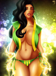 Rule 34 | 1girl, asymmetrical hair, black hair, brazil, breasts, brown eyes, cleavage, cornrows, curvy, dark skin, dark-skinned female, electricity, female focus, highres, jassycoco, large breasts, laura matsuda, long hair, nail polish, navel, panties, parted lips, solo, standing, stomach, street fighter, street fighter v, string panties, thick thighs, thighs, underwear, undone, vest, wide hips