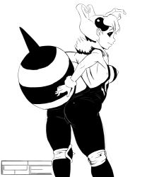 Rule 34 | 1girl, antennae, ass, back, backless outfit, bad id, bad tumblr id, bee girl, breasts, extra eyes, greyscale, arthropod girl, knee pads, large breasts, monochrome, monster girl, no pupils, no wings, polyle, q-bee, short hair, solid eyes, solo, stinger, vampire (game)