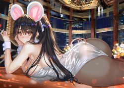Rule 34 | 1girl, animal ears, armpits, ass, bare shoulders, black hair, breasts, brown eyes, brown pantyhose, chandelier, earrings, fake animal ears, fake tail, hair between eyes, hairband, indoors, jewelry, large breasts, leotard, long hair, looking at viewer, looking back, lying, mouse ears, mouse tail, night, nontraditional playboy bunny, on stomach, original, pantyhose, playboy bunny, ponytail, ran&#039;ou (tamago no kimi), smile, solo, tail, white leotard, wrist cuffs
