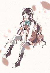 Rule 34 | 1girl, black hair, blazer, boots, cocax x, cross-laced footwear, grey thighhighs, hair down, hairband, halterneck, highres, jacket, kantai collection, lace-up boots, long hair, looking at viewer, multicolored hair, naganami (kancolle), naganami kai ni (kancolle), pink hair, sitting, smile, solo, thighhighs, two-tone hair, very long hair, wavy hair, white hairband