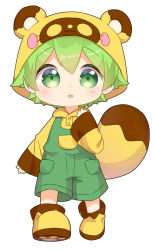 Rule 34 | 1boy, :3, blush, botan-kun, full body, green eyes, green hair, highres, male focus, nipeira, open mouth, original, overalls, paw shoes, raccoon hat, shoes, simple background, smile, solo, white background