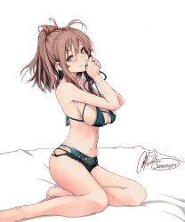 Rule 34 | 1girl, blue eyes, blush, bra, breasts, brown hair, character name, collarbone, green bra, green panties, hair between eyes, highres, kantai collection, large breasts, long hair, navel, panties, rizzl, saratoga (kancolle), side ponytail, signature, simple background, solo, twintails, underwear, white background