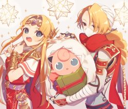 Rule 34 | 1boy, 1girl, adjusting scarf, alternate color, armor, blonde hair, blue eyes, border, box, braid, christmas, covered mouth, creatures (company), dress, earrings, fingerless gloves, game freak, gen 1 pokemon, genderswap, genderswap (ftm), gift, gift box, gloves, gold trim, jewelry, jigglypuff, long hair, merry christmas, miri (cherryjelly), multicolored clothes, multicolored dress, nintendo, open mouth, pointy ears, pokemon, princess zelda, red dress, red eyes, red shawl, scarf, shawl, sheik, sheikah, short sleeves, small stellated dodecahedron, super smash bros., surcoat, the legend of zelda, the legend of zelda: a link between worlds, the legend of zelda: ocarina of time, tiara, triforce earrings, upper body, white border, white dress, white headwear