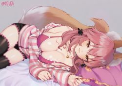 Rule 34 | 1girl, animal ears, black thighhighs, bra, breasts, cleavage, fate (series), fox ears, fox tail, grey background, jewelry, large breasts, long hair, long sleeves, looking at viewer, lying, necklace, off shoulder, official alternate costume, on side, pillow, pink bra, pink hair, simple background, smile, solo, striped clothes, striped sweater, sweater, tail, tamamo no mae (fate/extra), tamamo no mae (spring casual) (fate), thighhighs, underwear, yellow eyes, you06
