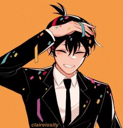 Rule 34 | 1boy, artist name, black hair, black jacket, black necktie, celebration, chainsaw man, claireiosity, closed eyes, collared shirt, confetti, earrings, facing viewer, formal, hayakawa aki, highres, jacket, jewelry, necktie, parted lips, shirt, short hair, simple background, smile, solo, stud earrings, suit, suit jacket, topknot, white shirt, yellow background