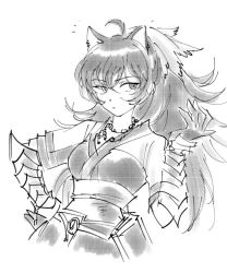 Rule 34 | 1girl, ahoge, animal ears, black hair, cat ears, gloves, greyscale, holding, holding own hair, jewelry, monochrome, mugupo, necklace, raven branwen, rwby, solo