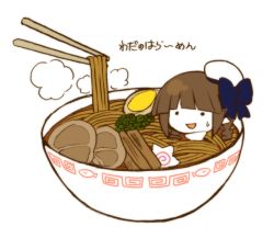 Rule 34 | archaic japanese text, blue ribbon, brown hair, chopsticks, colored skin, egg, food, funamusea, funamusea (artist), hat, meat, nervous, noodles, oounabara to wadanohara, open mouth, plate, ribbon, sailor hat, translated, vegetable, wadanohara, white hat, white skin
