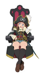 Rule 34 | 1girl, absurdres, ascot, belt, black socks, blue eyes, d:, epaulettes, full body, go robots, hair ornament, hairclip, hat, hat feather, highres, katou marika, kneehighs, loafers, looking away, miniskirt pirates, nose picking, open mouth, panties, pantyshot, pink hair, pinky out, pirate, pirate hat, pleated skirt, saber (weapon), shoes, simple background, sitting, skirt, skull and crossbones, socks, solo, sword, throne, underwear, upskirt, weapon, white background