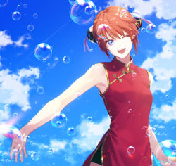 Rule 34 | 1girl, ;d, blue eyes, blue sky, breasts, brown hair, bubble, cloud, cma cmakuma, day, double bun, gintama, hair between eyes, hair bun, highres, kagura (gintama), looking at viewer, one eye closed, open mouth, outdoors, outstretched hand, red shirt, shirt, short hair, sky, sleeveless, sleeveless shirt, small breasts, smile, solo, standing