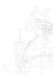 Rule 34 | 1girl, absurdres, bow, fire, fire, flaming sword, flaming weapon, food, food on head, fruit, greyscale, hand on headwear, hat, hat leaf, highres, hinanawi tenshi, koshi (koshi vortex), leaf, long hair, monochrome, object on head, peach, sketch, solo, sunset, sword of hisou, touhou