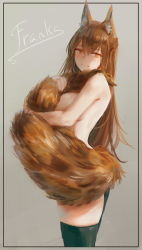 Rule 34 | absurdres, animal ear fluff, animal ears, arknights, blush, breasts, brown eyes, brown hair, brown tail, character name, convenient censoring, fox ears, fox tail, franka (arknights), hair between eyes, highres, large breasts, long hair, looking at viewer, noccu, sideboob, skindentation, smile, solo, tail, thighhighs