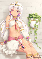 Rule 34 | 1girl, arm support, bare shoulders, blunt bangs, blush, bracelet, breasts, bridal gauntlets, cleavage, criss-cross halter, egyptian, egyptian clothes, face jewel, hair tubes, halterneck, highres, jewelry, long hair, looking at viewer, nail polish, navel, original, red eyes, sasaame, sitting, smile, solo, underboob, white hair