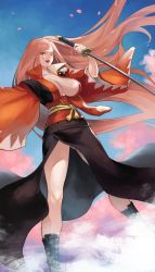 Rule 34 | 1girl, baiken, bare legs, blue sky, boots, breasts, center opening, cherry blossoms, cleavage, facial mark, gluteal fold, guilty gear, highres, holding, holding weapon, jako (toyprn), japanese clothes, katana, kimono, large breasts, long hair, multicolored clothes, open mouth, petals, pink hair, rope, scar, scar across eye, scar on face, side slit, sky, smile, sword, tree, very long hair, weapon, wide sleeves, wind, wind lift