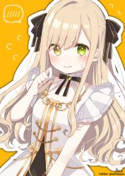 Rule 34 | 1girl, black bow, blush, bow, breasts, closed mouth, commentary request, dress, flying sweatdrops, green eyes, hair bow, hand up, heterochromia, highres, ibara muan, light brown hair, looking at viewer, orange background, original, outline, signature, single hair intake, small breasts, sofra, solo, spoken blush, twitter username, white dress, white outline, yellow eyes