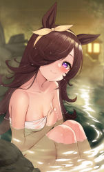 Rule 34 | 1girl, animal ears, bare shoulders, blush, breasts, brown hair, cleavage, closed mouth, collarbone, fukuro daizi, hair over one eye, hairband, highres, horse ears, horse girl, long hair, medium breasts, naked towel, onsen, partially submerged, pink eyes, rice shower (umamusume), smile, solo, towel, umamusume, water, wet, white hairband