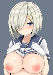 Rule 34 | 10s, 1girl, blue eyes, blush, breast suppress, breasts, clothes lift, eyes visible through hair, female focus, gloves, hair ornament, hair over one eye, hairclip, hamakaze (kancolle), inverted nipples, kantai collection, large breasts, mitsukazu (nijigen complex), nipples, school uniform, serafuku, shirt lift, short hair, silver hair, simple background, solo, sweat, upper body, white gloves