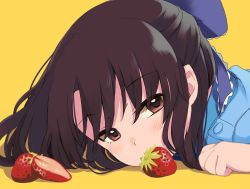 Rule 34 | 1girl, black hair, blue bow, blue shirt, blush, bow, brown eyes, close-up, commentary request, food, fruit, hair bow, half updo, idolmaster, idolmaster cinderella girls, idolmaster cinderella girls starlight stage, kirarin369, long hair, looking at viewer, lying, shirt, simple background, solo, strawberry, tachibana arisu, yellow background