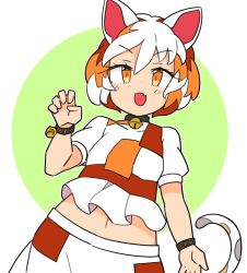 Rule 34 | 1girl, animal ears, bell, brown hair, calico, cat ears, cat girl, cat tail, fang, goutokuji mike, green background, ini (inunabe00), looking at viewer, maneki-neko, midriff, multicolored hair, multicolored shirt, navel, neck bell, open mouth, orange eyes, orange hair, short sleeves, skin fang, solo, streaked hair, tail, touhou, white hair