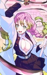 Rule 34 | 1girl, arm up, belt, blunt bangs, braid, breasts, center opening, cleavage, coat, demon slayer uniform, green eyes, green hair, highres, holding, holding sword, holding weapon, kanroji mitsuri, keita (kta0), kimetsu no yaiba, large breasts, long sleeves, looking at viewer, mole, mole under each eye, mole under eye, multicolored hair, multiple moles, open clothes, open coat, open mouth, pink hair, skirt, smile, sword, twin braids, two-tone hair, weapon