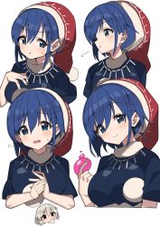 Rule 34 | 2girls, black capelet, blue hair, breasts, capelet, chibi, chibi inset, closed mouth, doremy sweet, dream soul, expressions, grey hair, hand on own chest, hands on own face, hat, highres, holding, kishin sagume, large breasts, looking at viewer, multiple girls, nightcap, open mouth, pom pom (clothes), pout, red eyes, red headwear, sakaki (utigi), short hair, short sleeves, simple background, smile, sweatdrop, thinking, touhou, v-shaped eyebrows, white background