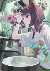 Rule 34 | 1girl, absurdres, animal ears, animal print, bathroom, bell, black tank top, blunt bangs, bracelet, brown hair, choker, commentary, cup, dog ears, dog print, electrical outlet, faucet, floral print, green skirt, highres, inui toko, inui toko (2nd costume), jewelry, lace, lace choker, looking to the side, mirror, nijisanji, nishinodashi, origami, paper crane, parted lips, plant, pleated skirt, red eyes, red rope, reflection, rope, rope belt, shirt, short hair with long locks, sidelocks, sink, skirt, solo, t-shirt, tank top, toothbrush, towel, virtual youtuber, white shirt, yellow eyes