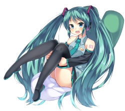 Rule 34 | 1girl, aqua hair, blue eyes, cushion, detached sleeves, hair ribbon, hatsune miku, headphones, highres, kurono nekomaru, long hair, looking at viewer, name tag, necktie, open mouth, ribbon, simple background, sitting, solo, thighhighs, twintails, vocaloid