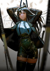 Rule 34 | 1girl, absurdres, alternate costume, animal ears, arknights, arm up, black hair, black jacket, black necktie, black shorts, black thighhighs, blue shirt, closed mouth, contrapposto, cowboy shot, dual wielding, ganet p, high-waist shorts, highres, holding, holding sword, holding weapon, jacket, long hair, long sleeves, looking away, looking to the side, necktie, open clothes, open jacket, planted, planted sword, planted weapon, red eyes, shirt, shorts, solo, striped clothes, striped shirt, suspender shorts, suspenders, sword, texas (arknights), thigh gap, thighhighs, vertical-striped clothes, vertical-striped shirt, weapon, wolf ears