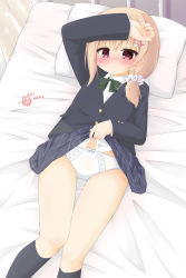 Rule 34 | 1girl, arm up, black jacket, black socks, blazer, blonde dog girl (ri-net), blush, bow, bow panties, closed mouth, clothes lift, collared shirt, dress shirt, feet out of frame, green bow, grey skirt, hair ornament, hair scrunchie, hairclip, highres, indoors, jacket, kneehighs, knees together feet apart, lifting own clothes, light brown hair, long hair, long sleeves, looking at viewer, lying, navel, nose blush, on back, on bed, original, panties, pillow, plaid, plaid bow, plaid skirt, red eyes, ri-net, ribbon-trimmed panties, romaji text, scrunchie, shirt, skirt, skirt lift, socks, solo, thigh gap, translation request, underwear, white panties, white scrunchie, white shirt