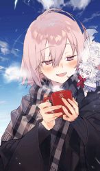 Rule 34 | 1girl, :d, blush, chaldea teatime, cloud, coffee mug, craft essence (fate), creature, creature on shoulder, cup, fate/grand order, fate (series), fou (fate), hair between eyes, half-closed eyes, holding, looking at another, mash kyrielight, mash kyrielight (chaldea teatime), mug, noco (adamas), official alternate costume, official art, on shoulder, open mouth, plaid, plaid scarf, purple eyes, purple hair, scarf, short hair, sky, smile, upper body