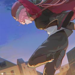 Rule 34 | 1girl, black pants, boots, box, building, city, dolphenry, dusk, gift, gift box, hat, hololive, hololive english, jacket, jumping, looking at viewer, mori calliope, mori calliope (streetwear), pants, pink hair, red eyes, sack, santa hat, smile, virtual youtuber