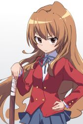 Rule 34 | 1girl, aisaka taiga, blazer, blue ribbon, blue skirt, brown eyes, brown hair, buttons, closed mouth, collared shirt, commentary request, cowboy shot, double-breasted, hair between eyes, hand on own hip, highres, jacket, long hair, long sleeves, looking at viewer, neck ribbon, oohashi high school uniform, pleated skirt, red jacket, ribbon, rokochandayo, school uniform, shirt, simple background, skirt, solo, sword, toradora!, weapon, white background, white shirt, wooden sword