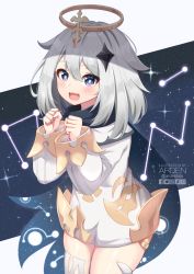 Rule 34 | 1girl, ardenlolo, blue eyes, cape, dress, genshin impact, hair between eyes, halo, looking at viewer, paid reward available, paimon (genshin impact), scarf, short hair, solo, star (sky), thighhighs, twitter logo, white dress, white hair, white thighhighs