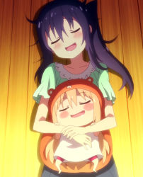 Rule 34 | 10s, 2girls, doma umaru, gradient background, highres, himouto! umaru-chan, motoba kirie, multiple girls, screencap, sleeping, stitched, striped, striped background, third-party edit