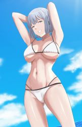 Rule 34 | 1girl, armpits, arms behind head, bikini, blue sky, breasts, collarbone, cyka, feet out of frame, from below, girls&#039; frontline, large breasts, looking at viewer, medium hair, navel, open mouth, purple eyes, rpk-16 (girls&#039; frontline), silver hair, sky, smile, solo, standing, stomach, swimsuit, white bikini