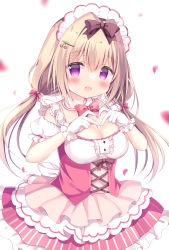 Rule 34 | 1girl, :d, azumi kazuki, blush, bow, breasts, brown bow, brown hair, cherry hair ornament, cleavage, commentary request, food-themed hair ornament, frilled skirt, frills, hair between eyes, hair bow, hair intakes, hair ornament, hairclip, hands up, heart, heart hands, highres, long hair, low twintails, medium breasts, open mouth, original, petals, pink skirt, pleated skirt, puffy short sleeves, puffy sleeves, purple eyes, red bow, shirt, short sleeves, simple background, skirt, smile, solo, striped clothes, striped shirt, twintails, vertical-striped clothes, vertical-striped shirt, very long hair, white background, white shirt