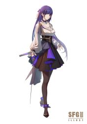 Rule 34 | 1girl, 2020, bad id, bad pixiv id, black pantyhose, black skirt, closed mouth, dress, full body, gloves, high heels, highres, holding, holding sword, holding weapon, honkai (series), honkai impact 3rd, katana, long hair, long sleeves, looking at viewer, pantyhose, purple eyes, purple gloves, purple hair, raiden mei, shirt, single glove, skirt, solo, standing, sword, weapon, white background, white shirt, xianyu liang