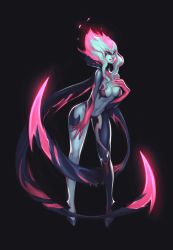 Rule 34 | absurdres, animated, animated gif, black background, black sclera, blue hair, blue skin, breasts, cleavage, colored sclera, colored skin, evelynn (league of legends), fang, flaming hair, full body, gem lim, half-closed eyes, hand on own chest, hand on own thigh, highres, league of legends, leaning forward, looking at viewer, makeup, mascara, multicolored hair, navel, pink hair, scythe, simple background, slit pupils, smile, solo, standing, teeth, two-tone hair, yellow eyes