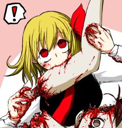 Rule 34 | !, 1girl, blonde hair, blood, blood on hands, cannibalism, commentary request, corpse, eating, guro, noumen, red eyes, rumia, short hair, solo, touhou
