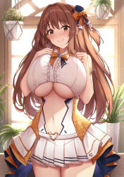 Rule 34 | 1girl, armlet, azur lane, baltimore (muse) (azur lane), bare shoulders, blush, bow, breasts, brown eyes, brown hair, center opening, cleavage, closed mouth, clothing cutout, commentary request, commission, cowboy shot, hair bow, hair ornament, hand on own chest, hat, heart belt, highres, idol, indoors, jewelry, kannko bokujou, large breasts, long hair, looking at viewer, mini hat, mini top hat, miniskirt, navel, navel cutout, nozomi (princess connect!), orange bow, pixiv commission, plant, pleated skirt, princess connect!, ring, skirt, smile, solo, thighs, top hat, underboob, underboob cutout, white skirt, window