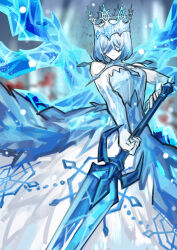 Rule 34 | 1girl, angela (project moon), blue dress, crown, dress, e.g.o (project moon), facing viewer, hair over eyes, highres, holding, holding sword, holding weapon, ice, ice wings, library of ruina, medium hair, nishikujic, project moon, snow queen (project moon), snowflake print, snowflakes, solo, sword, weapon, wings
