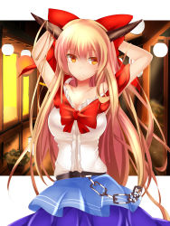 Rule 34 | 1girl, adjusting hair, aged up, alternate breast size, bare shoulders, blue skirt, bow, bowtie, breasts, chain, cleavage, closed mouth, collarbone, cowboy shot, hair between eyes, hair bow, highres, horns, ibuki suika, long hair, medium breasts, off shoulder, orange hair, oxfirecar, red bow, red bowtie, shirt, skirt, sleeveless, sleeveless shirt, solo, touhou, very long hair, yellow eyes