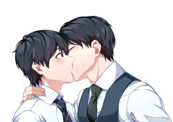 2boys 30-sai_made_doutei_dato_mahoutsukai_ni_nareru_rashii adachi_kiyoshi black_hair blue_vest blush character_request check_character collared_shirt fingerless_gloves gloves green_necktie highres kiss kurosawa_yuuichi_(30-sai_made_doutei_dato_mahoutsukai_ni_nareru_rashii) lu_bai_(bhgzdhnorn3p9v8) male_focus multiple_boys necktie salaryman shirt short_hair simple_background vest white_background white_shirt yaoi