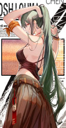 Rule 34 | 1girl, arknights, back, bare arms, bare shoulders, breasts, clouble, cover, cover page, dress, eyebrows hidden by hair, food, green hair, hair tie, highres, horns, hoshiguma (arknights), jewelry, large breasts, long hair, looking at viewer, looking back, lorem ipsum, magazine cover, necklace, official alternate costume, onigiri, orange eyes, ponytail, single horn, skin-covered horns, sleeveless, solo, swimsuit