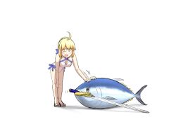Rule 34 | 1girl, ahoge, animal, artoria pendragon (all), artoria pendragon (fate), artoria pendragon (swimsuit archer) (fate), artoria pendragon (swimsuit archer) (first ascension) (fate), bikini, blonde hair, breasts, cleavage, fate/grand order, fate (series), fish, headpat, highres, holding, holding weapon, looking at animal, mafty, medium breasts, open mouth, saber (fate), sandals, shadow, smile, solo, swimsuit, sword, tuna, weapon, white background, white bikini