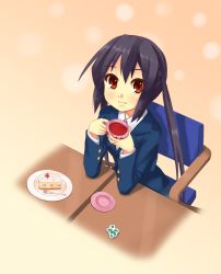 Rule 34 | 1girl, black hair, brown eyes, cake, cup, food, fork, highres, k-on!, long hair, nakano azusa, neck ribbon, plate, ponishi., red ribbon, ribbon, school uniform, solo, table, tea, teacup, twintails