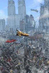Rule 34 | aircraft, building, city, cityscape, crane (machine), day, fisheye, highres, midorimushi-kai, no humans, scenery, science fiction, sky, skyscraper, tokyo (city)