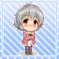 Rule 34 | 1girl, antenna hair, big head, black footwear, blush, brown eyes, chibi, closed mouth, diagonal stripes, dress, floral print, full body, grey hair, grey pantyhose, hair between eyes, hairband, hood, hood down, hooded dress, idolmaster, idolmaster cinderella girls, jacket, loafers, long sleeves, looking at viewer, mole, mole under eye, narumiya yume, hugging object, open clothes, open jacket, outline, pantyhose, pink hairband, pink jacket, pleated dress, print dress, regular mow, rose print, shadow, shoes, sleeves past wrists, solo, standing, striped, striped background, wavy mouth, white dress, white outline