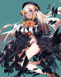 Rule 34 | 1girl, :d, abigail williams (fate), abigail williams (second ascension) (fate), aqua background, bare legs, black bow, black dress, black footwear, black hat, black panties, blonde hair, blue eyes, bow, bug, butterfly, commentary request, dress, fate/grand order, fate (series), forehead, hair bow, hat, highres, holding, holding stuffed toy, insect, long hair, long sleeves, looking at viewer, open mouth, orange bow, panties, parted bangs, polka dot, polka dot bow, shoes, sleeves past wrists, smile, solo, stuffed animal, stuffed toy, swav, teddy bear, underwear, very long hair