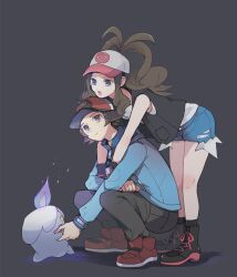 Rule 34 | 1boy, 1girl, :o, atsumi yoshioka, baseball cap, bent over, black vest, blue jacket, boots, brown hair, closed mouth, commentary request, creatures (company), denim, denim shorts, fire, game freak, gen 5 pokemon, hat, high ponytail, hilbert (pokemon), hilda (pokemon), jacket, litwick, long hair, long sleeves, looking up, nintendo, pants, pokemon, pokemon (creature), pokemon bw, red footwear, red headwear, shirt, shoes, short hair, short shorts, shorts, sidelocks, sleeveless, sleeveless shirt, squatting, vest, white shirt, wristband, yellow eyes, zipper pull tab